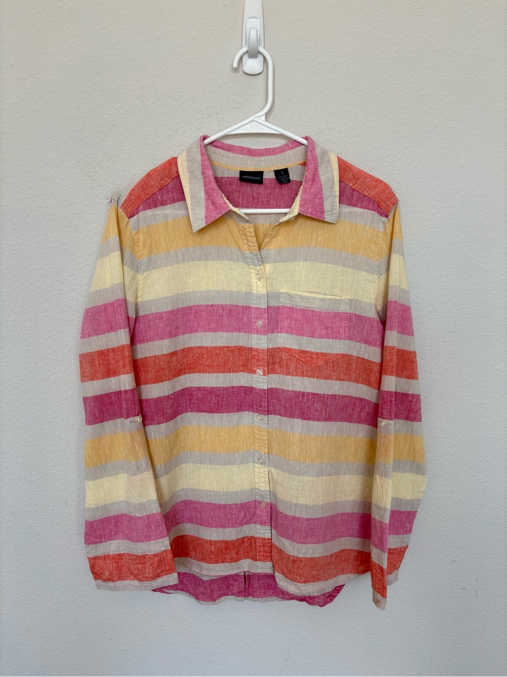Westport Linen Blend Striped Button Down Shirt Small Colorful Coastal Beach